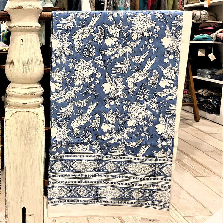 Hand Block Printed Tablecloth - Blue Birds & Flowers