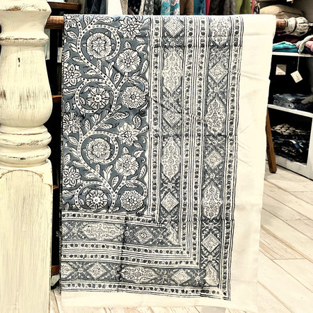 Hand Block Printed Tablecloth - Gray Floral