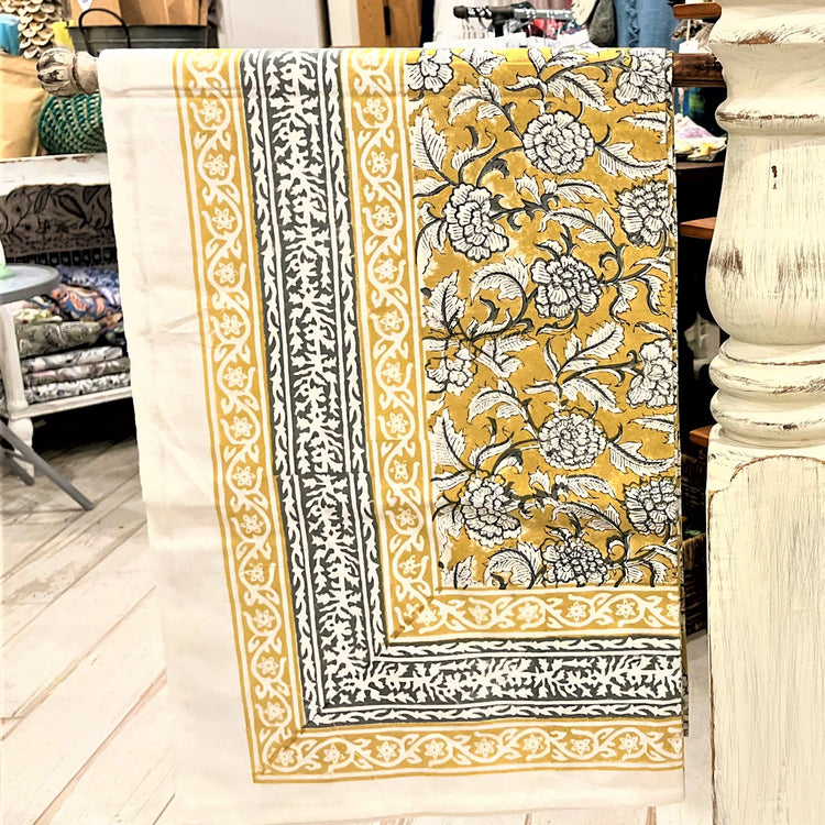 Hand Block Printed Tablecloth - Yellow & Gray Rose Garden