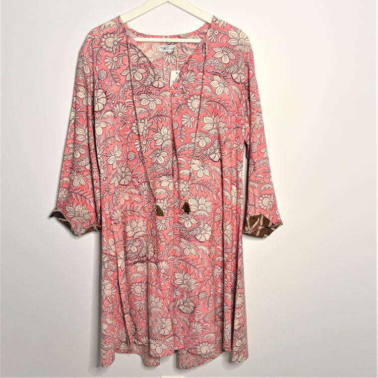 V-Neck Dress with Accent Cuffed Sleeves - 100% Cotton Hand Block Printed