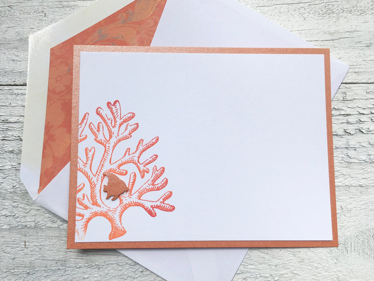 Notecards, Personalized Stationery with sea inspired coral design and decorative lined Envelopes, Handmade, Set of 8 Cards