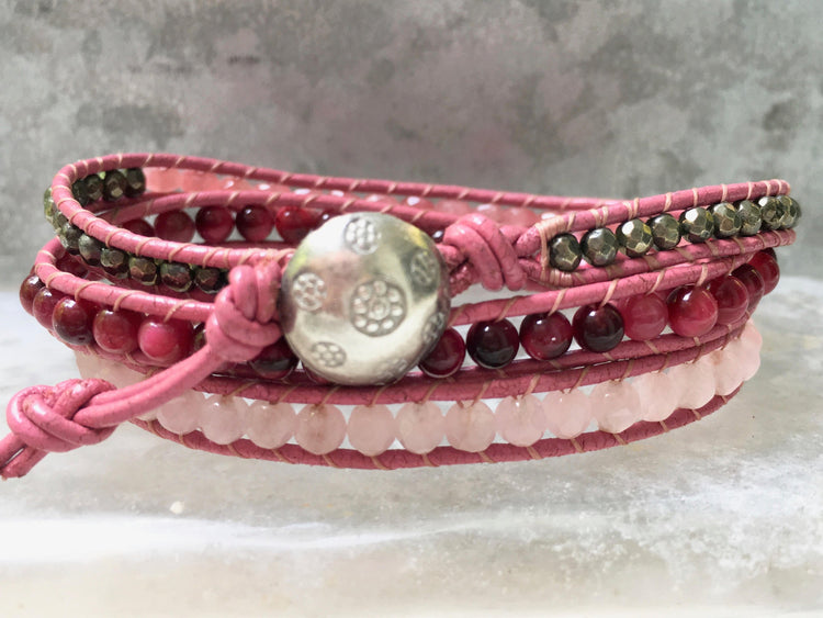 Rose Quartz Leather Wrap -  Pink Coral - Pink Triple Leather Wrap -Pink  Gemstone Bracelet - Girlfriend's Gift - Women's Jewelry
