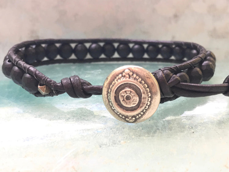 Black Agate Leather Wrap Bracelet