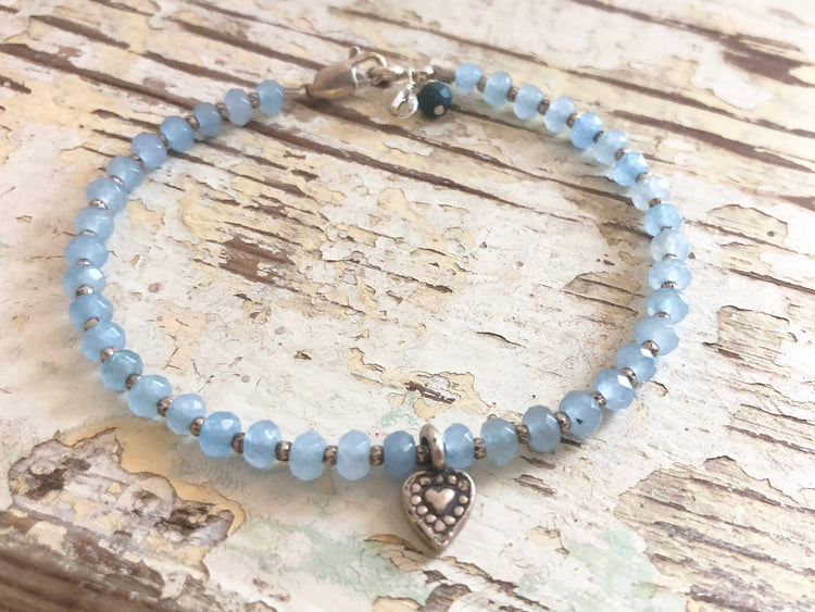 Blue Agate Bracelet - Silver Heart Charm
