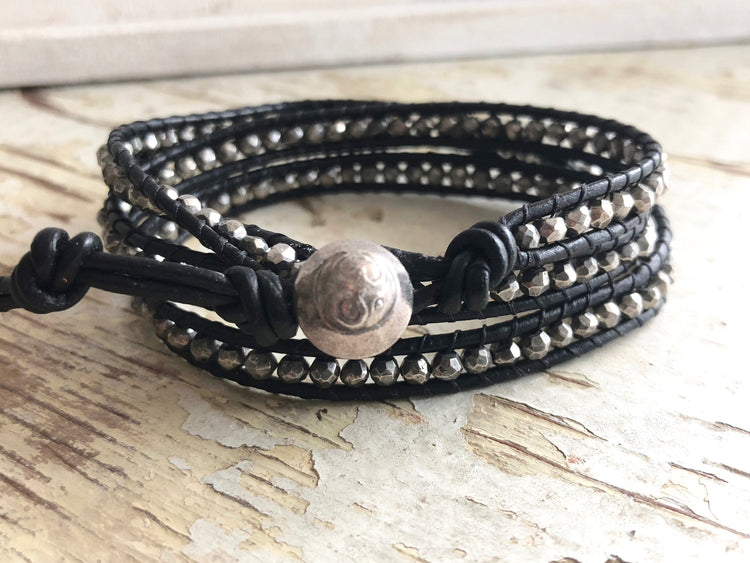Pyrite Bracelet - Triple Black Leather Wrap - Pyrite Jewelry - Men's Jewelry - Women's Jewelry - Silver and Black - Boyfriend's Gift