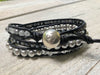 Pearl Bracelet - Pearl Leather Wrap - Quartz Bracelet - Pearl Jewelry - Quartz Jewelry - Black Triple Wrap -June Birthstone -Women's Jewelry