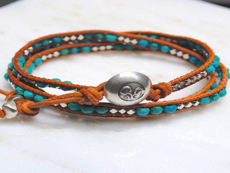 Turquoise  Leather Wrap - Turquoise Bracelet - Turquoise Jewelry - Silver Om Button - Girlfriend's  Gift - Women's Jewelry - Men's Jewelry